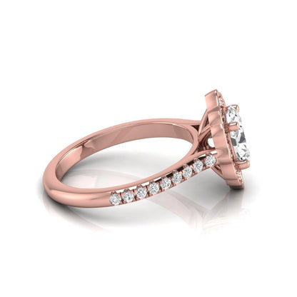 Oval cut lab grown diamond engagement ring featuring a vintage-inspired scalloped halo, pavé diamond band, and rose gold tone setting.