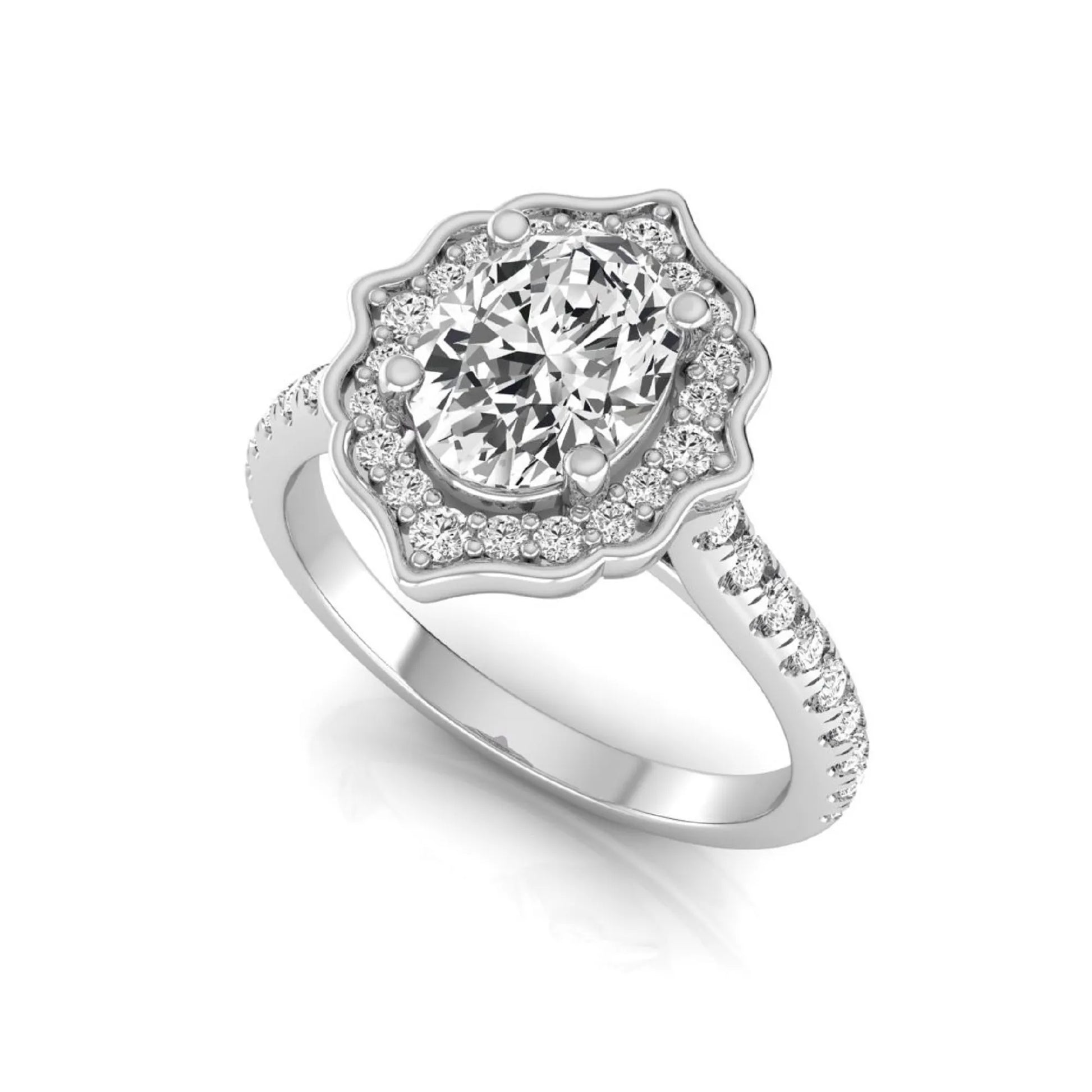 Oval cut lab grown diamond engagement ring featuring a vintage-inspired scalloped halo, pavé diamond band, and white gold tone setting.