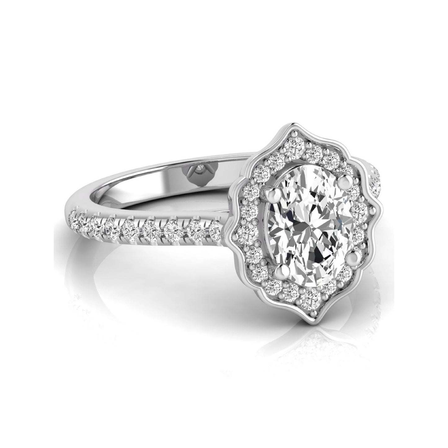 Oval cut lab grown diamond engagement ring featuring a vintage-inspired scalloped halo, pavé diamond band, and white gold tone setting.