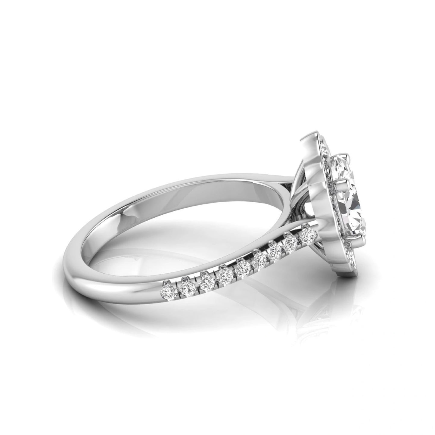 Oval cut lab grown diamond engagement ring featuring a vintage-inspired scalloped halo, pavé diamond band, and white gold tone setting.