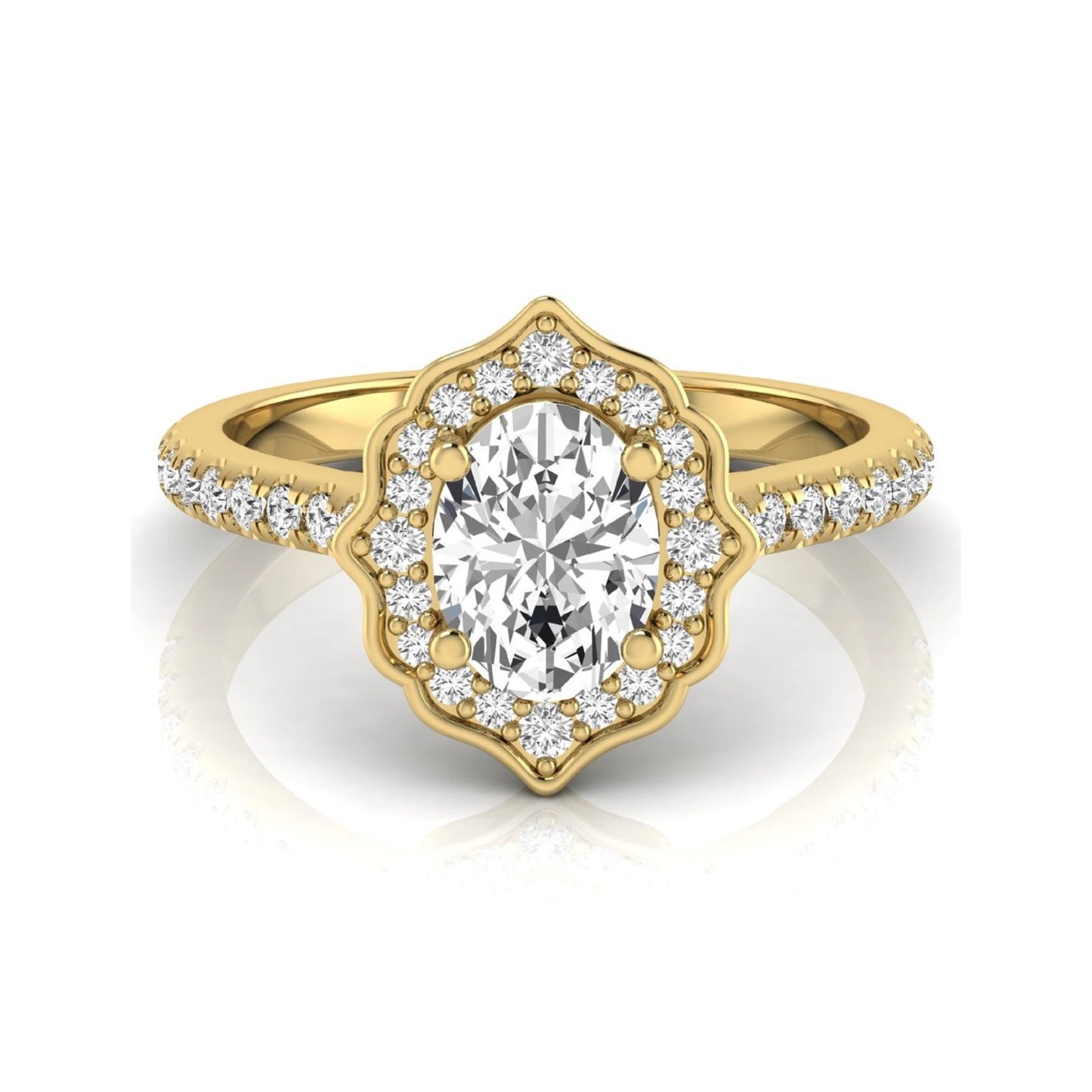 Oval cut lab grown diamond engagement ring featuring a vintage-inspired scalloped halo, pavé diamond band, and yellow gold tone setting.