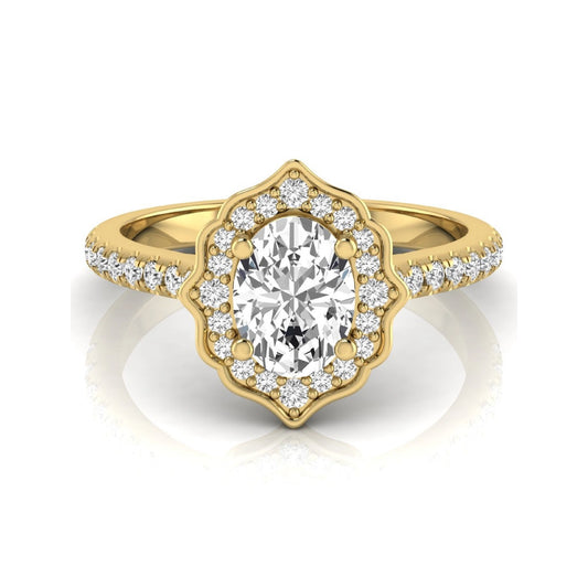 Oval cut lab grown diamond engagement ring featuring a vintage-inspired scalloped halo, pavé diamond band, and yellow gold tone setting.