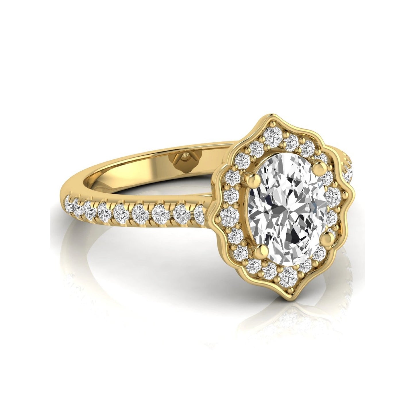 Oval cut lab grown diamond engagement ring featuring a vintage-inspired scalloped halo, pavé diamond band, and yellow gold tone setting.