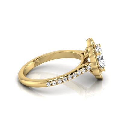Oval cut lab grown diamond engagement ring featuring a vintage-inspired scalloped halo, pavé diamond band, and yellow gold tone setting.