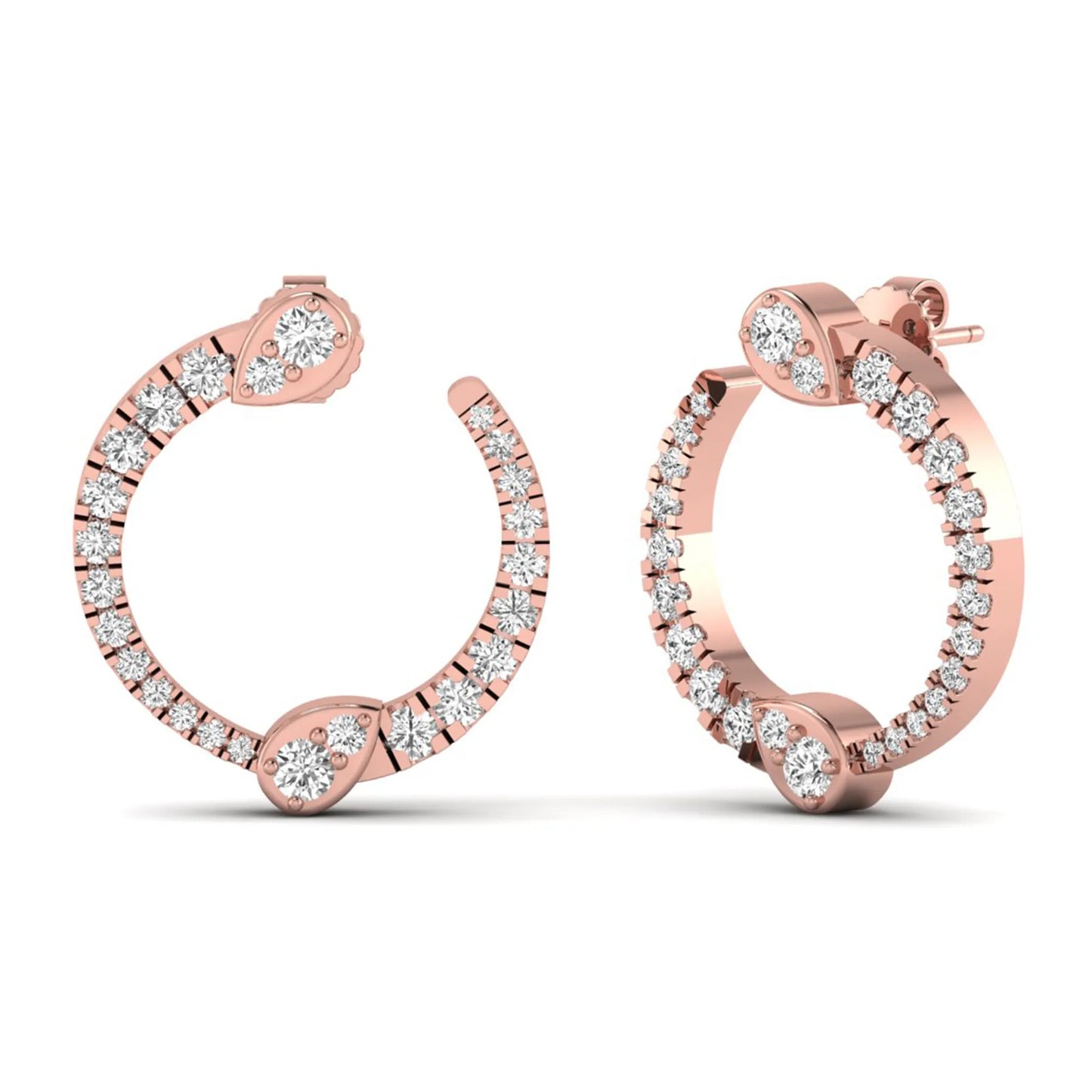 Open hoop lab grown diamond earrings featuring round cut diamonds with pear-shaped accent motifs, prong settings, push back closure, and polished rose gold design.