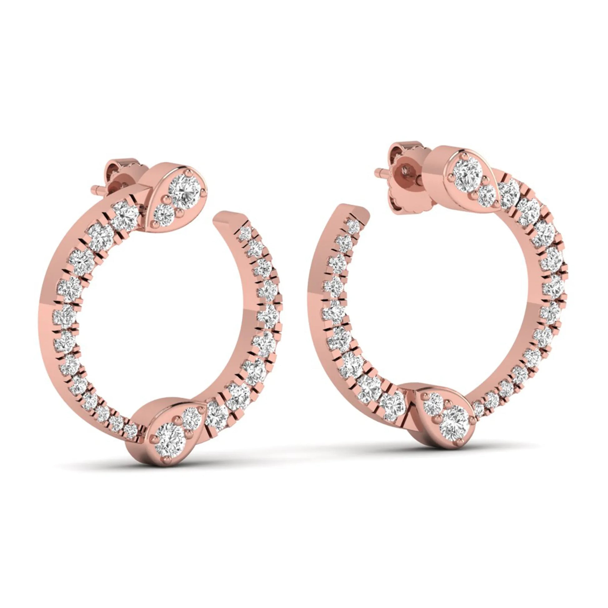 Open hoop lab grown diamond earrings featuring round cut diamonds with pear-shaped accent motifs, prong settings, push back closure, and polished rose gold design.