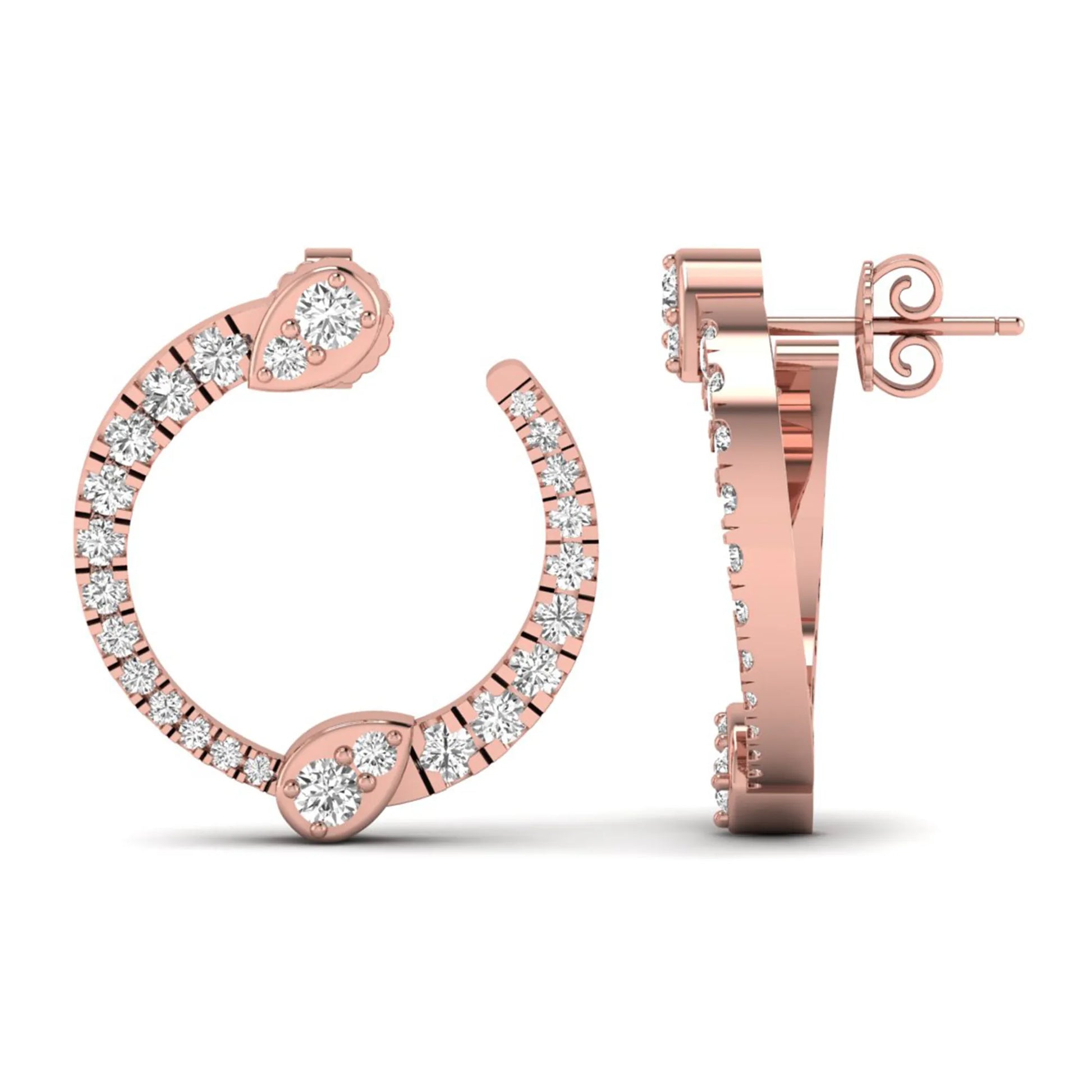 Open hoop lab grown diamond earrings featuring round cut diamonds with pear-shaped accent motifs, prong settings, push back closure, and polished rose gold design.