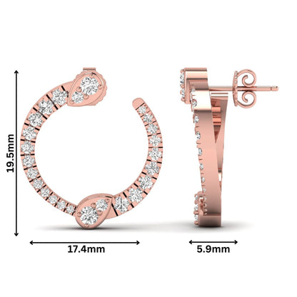 Open hoop lab grown diamond earrings featuring round cut diamonds with pear-shaped accent motifs, prong settings, push back closure, and polished rose gold design.
