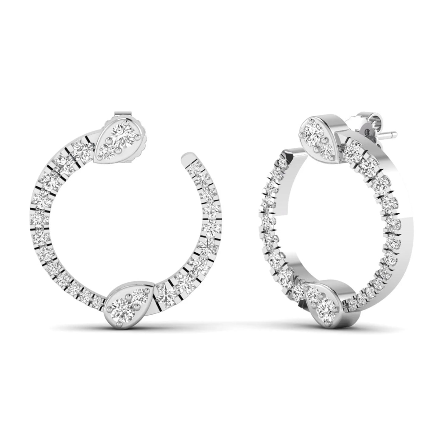 Open hoop lab grown diamond earrings featuring round cut diamonds with pear-shaped accent motifs, prong settings, push back closure, and polished white gold design.
