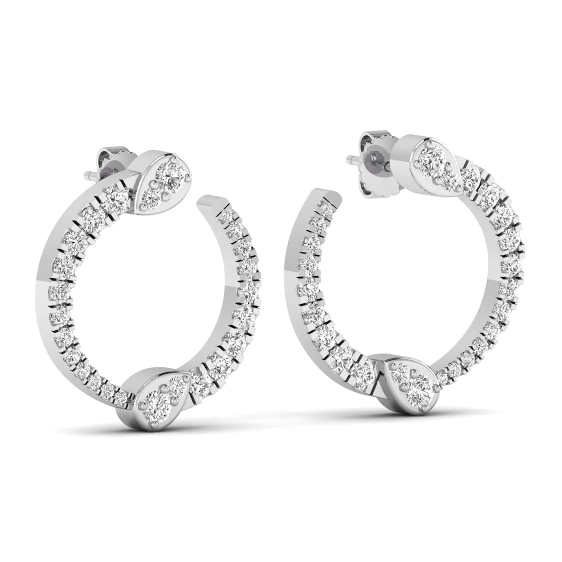 Open hoop lab grown diamond earrings featuring round cut diamonds with pear-shaped accent motifs, prong settings, push back closure, and polished white gold design.