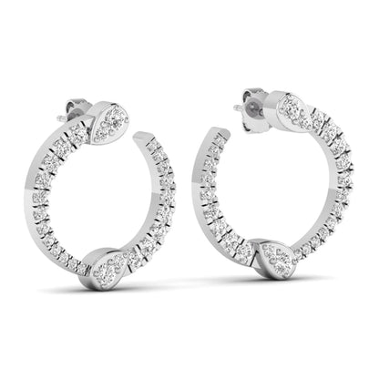 Open hoop lab grown diamond earrings featuring round cut diamonds with pear-shaped accent motifs, prong settings, push back closure, and polished white gold design.