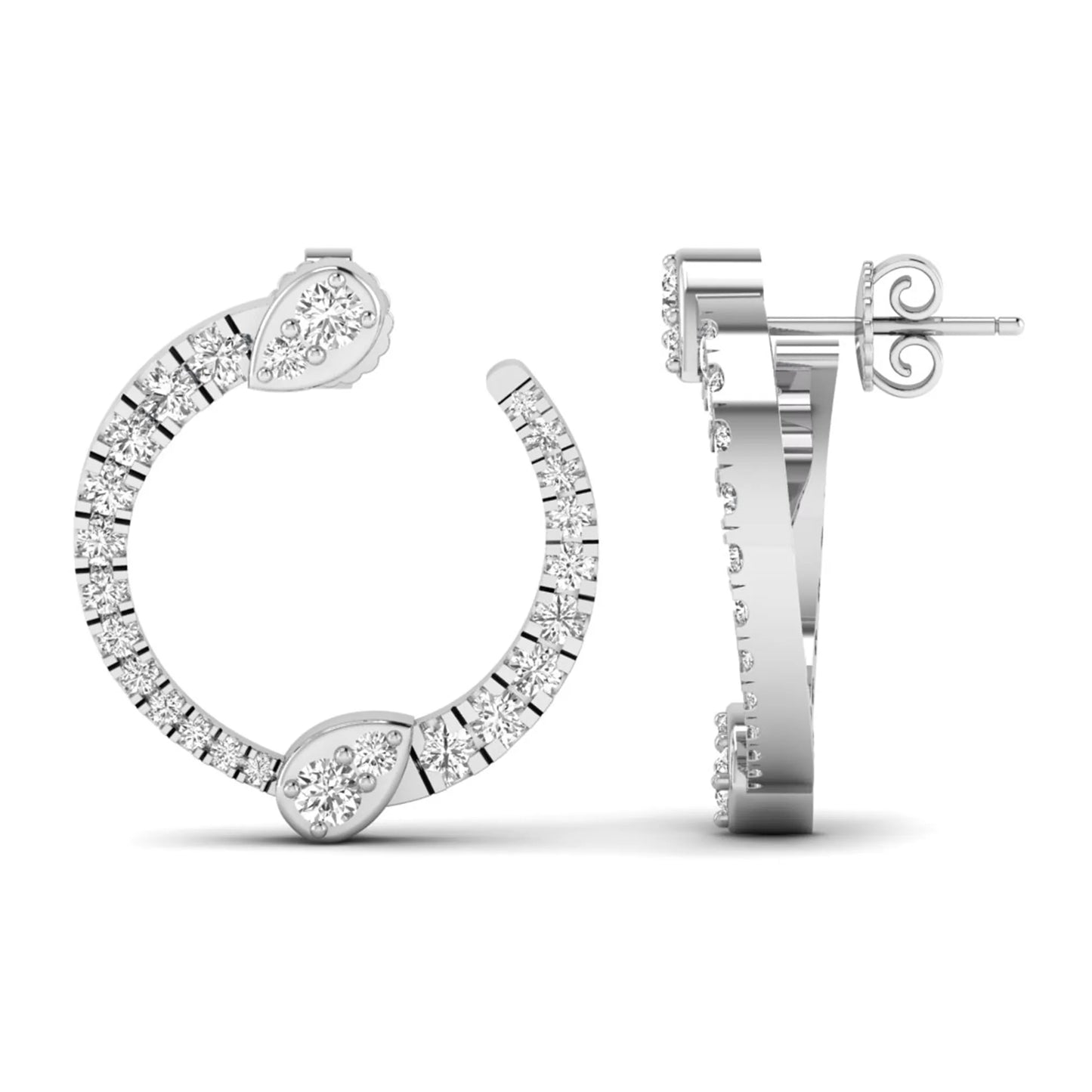 Open hoop lab grown diamond earrings featuring round cut diamonds with pear-shaped accent motifs, prong settings, push back closure, and polished white gold design.