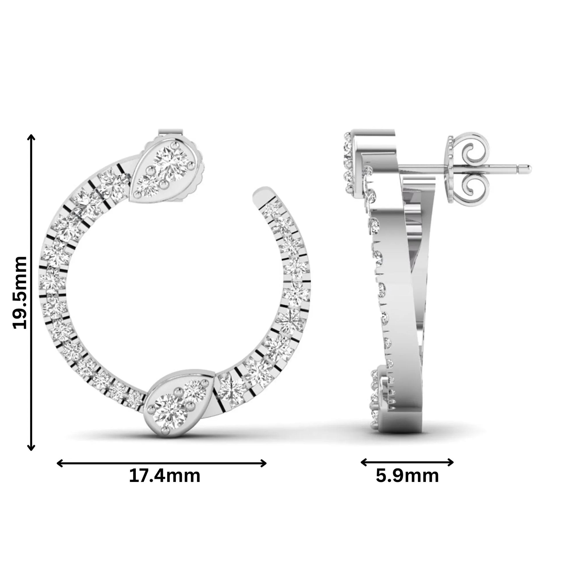 Open hoop lab grown diamond earrings featuring round cut diamonds with pear-shaped accent motifs, prong settings, push back closure, and polished white gold design.