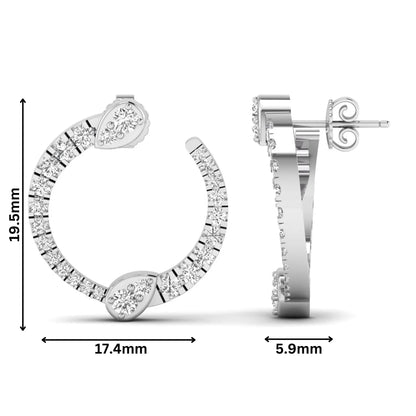 Open hoop lab grown diamond earrings featuring round cut diamonds with pear-shaped accent motifs, prong settings, push back closure, and polished white gold design.