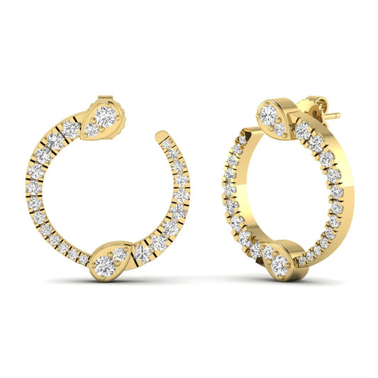 Open hoop lab grown diamond earrings featuring round cut diamonds with pear-shaped accent motifs, prong settings, push back closure, and polished yellow gold design.