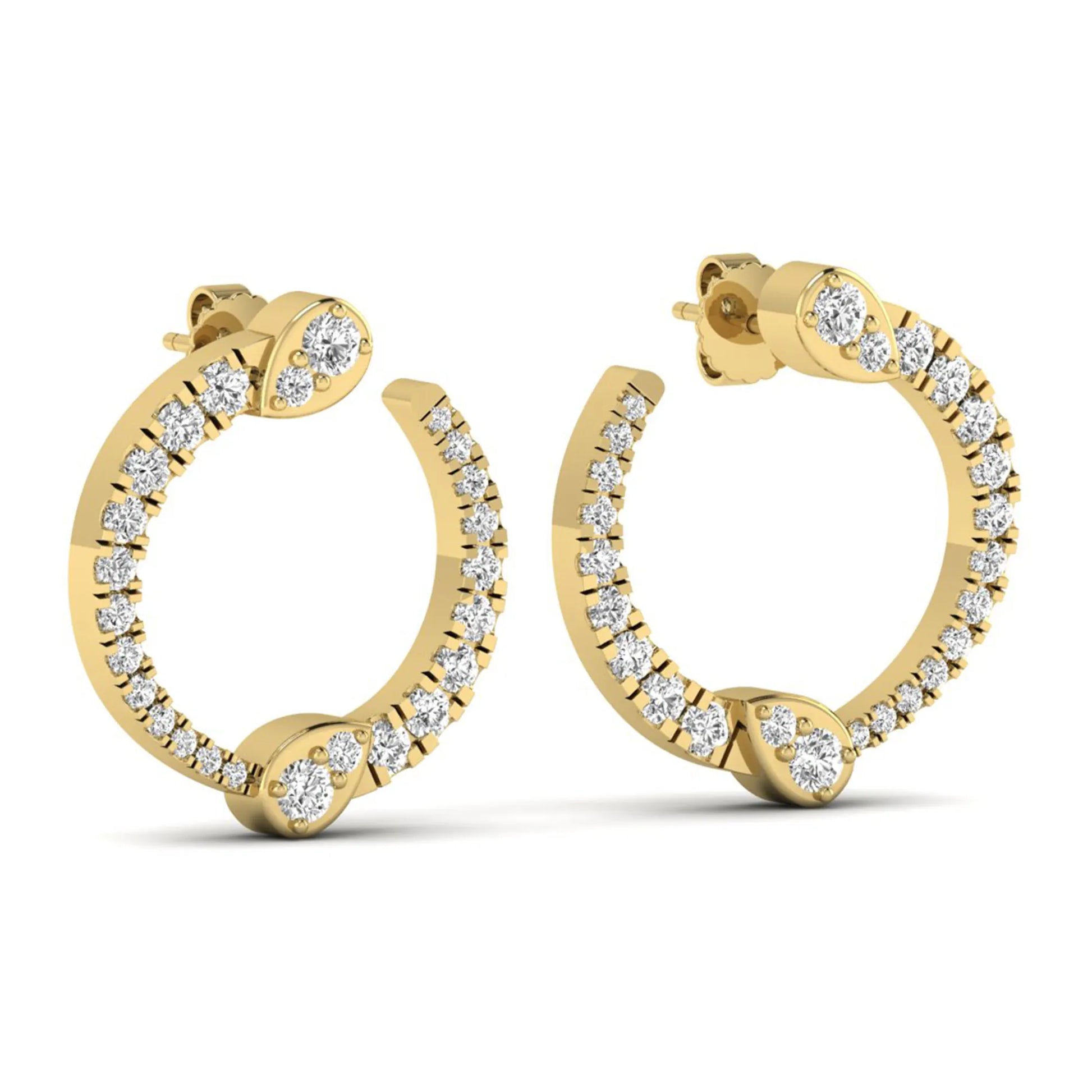 Open hoop lab grown diamond earrings featuring round cut diamonds with pear-shaped accent motifs, prong settings, push back closure, and polished yellow gold design.