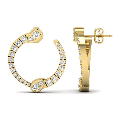 Open hoop lab grown diamond earrings featuring round cut diamonds with pear-shaped accent motifs, prong settings, push back closure, and polished yellow gold design.