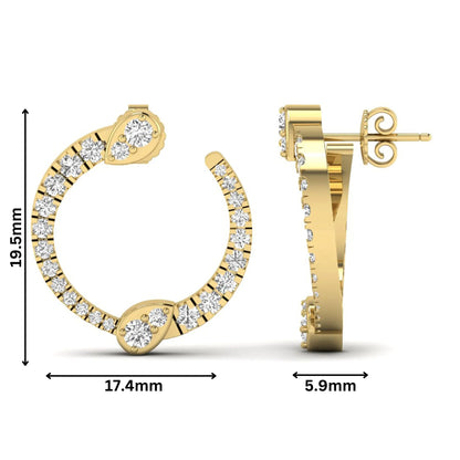 Open hoop lab grown diamond earrings featuring round cut diamonds with pear-shaped accent motifs, prong settings, push back closure, and polished yellow gold design.