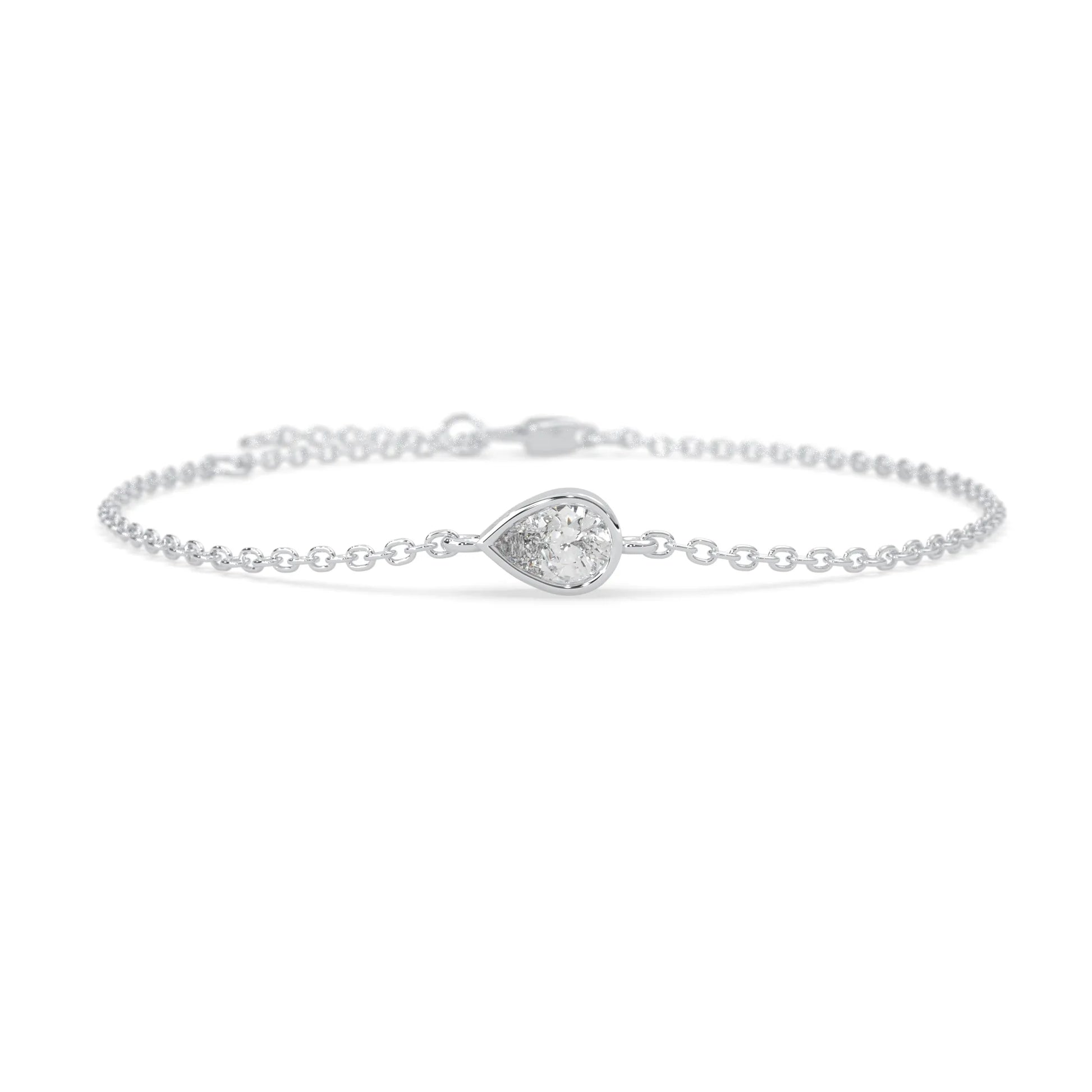 Pear cut lab grown diamond bezel set solitaire bracelet with delicate chain and lobster clasp in white gold tone.