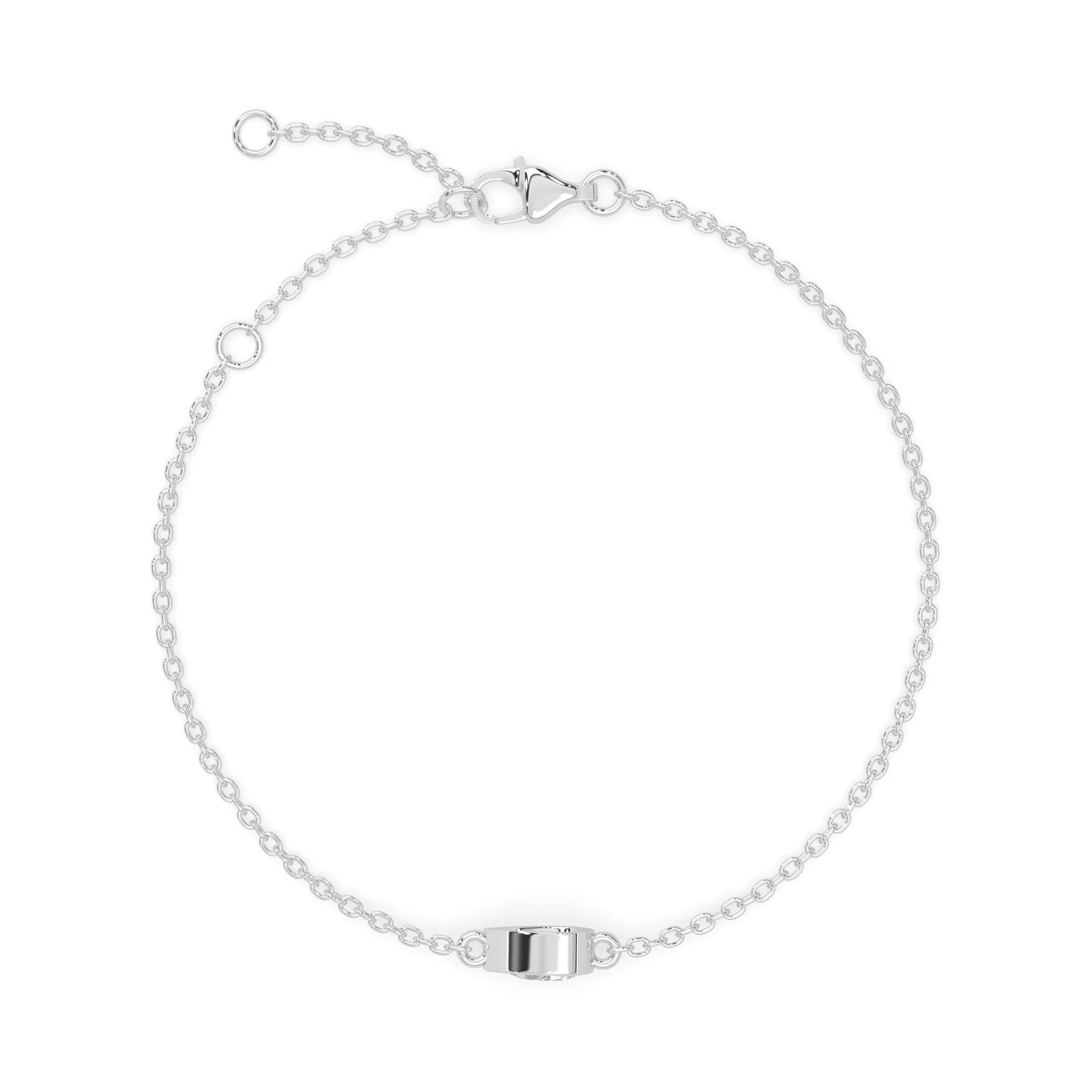Pear cut lab grown diamond bezel set solitaire bracelet with delicate chain and lobster clasp in white gold tone.