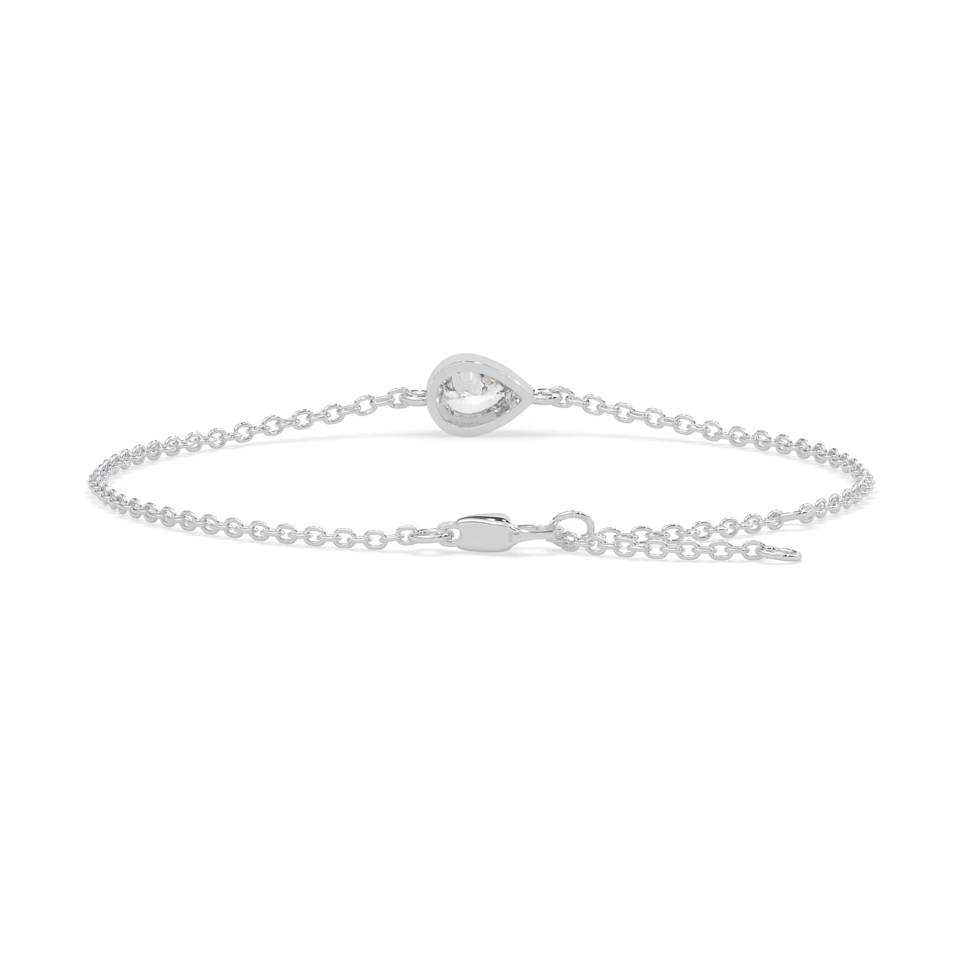 Pear cut lab grown diamond bezel set solitaire bracelet with delicate chain and lobster clasp in white gold tone.