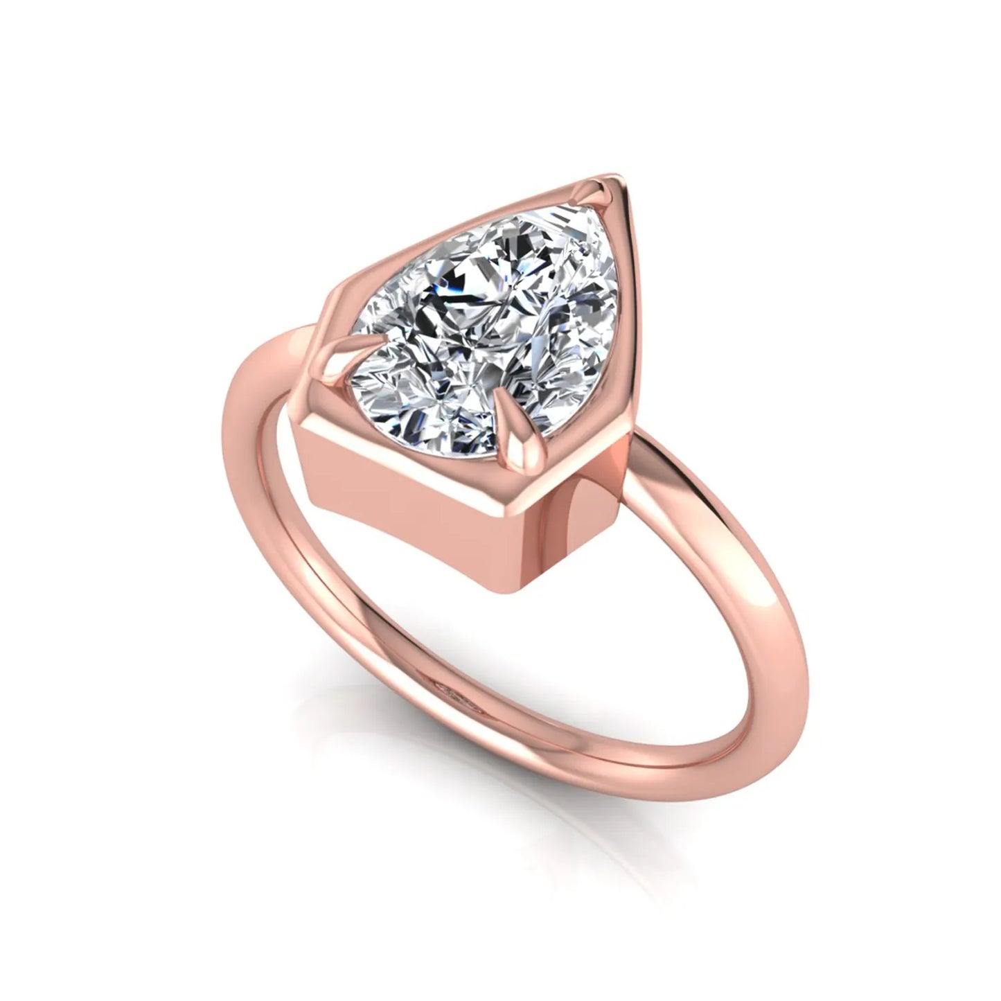 Pear cut lab grown diamond solitaire engagement ring featuring a 1.75 carat pear diamond in a modern partial bezel prong setting in rose gold