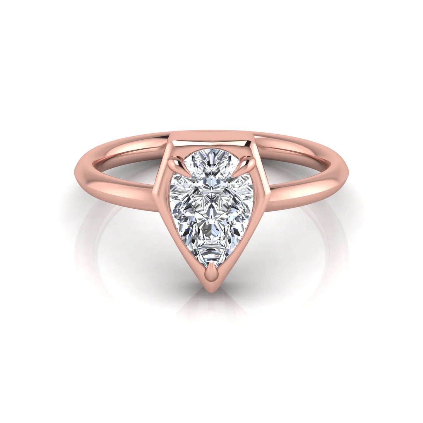 Pear cut lab grown diamond solitaire engagement ring featuring a 1.75 carat pear diamond in a modern partial bezel prong setting in rose gold