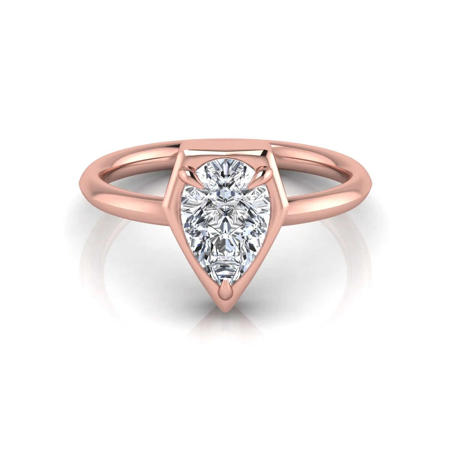 Pear cut lab grown diamond solitaire engagement ring featuring a 1.75 carat pear diamond in a modern partial bezel prong setting in rose gold
