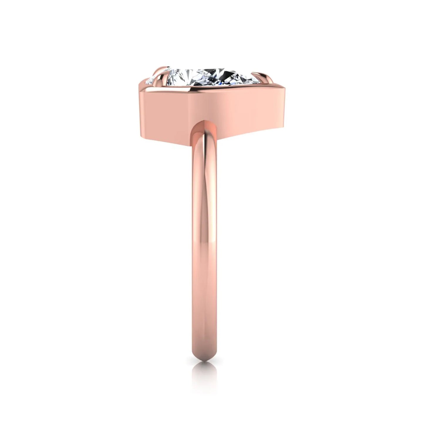 Pear cut lab grown diamond solitaire engagement ring featuring a 1.75 carat pear diamond in a modern partial bezel prong setting in rose gold