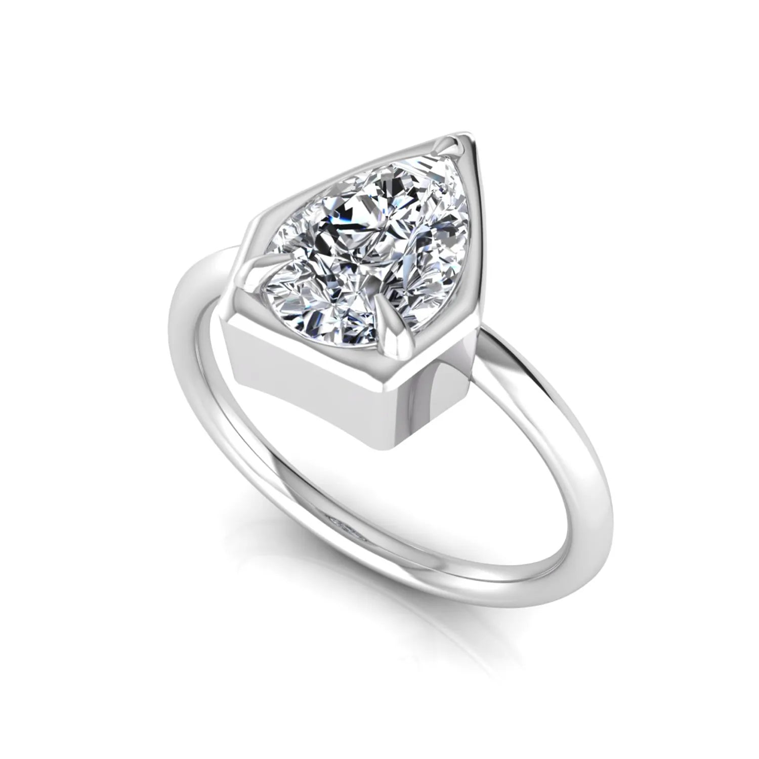 Pear cut lab grown diamond solitaire engagement ring featuring a 1.75 carat pear diamond in a modern partial bezel prong setting in white gold
