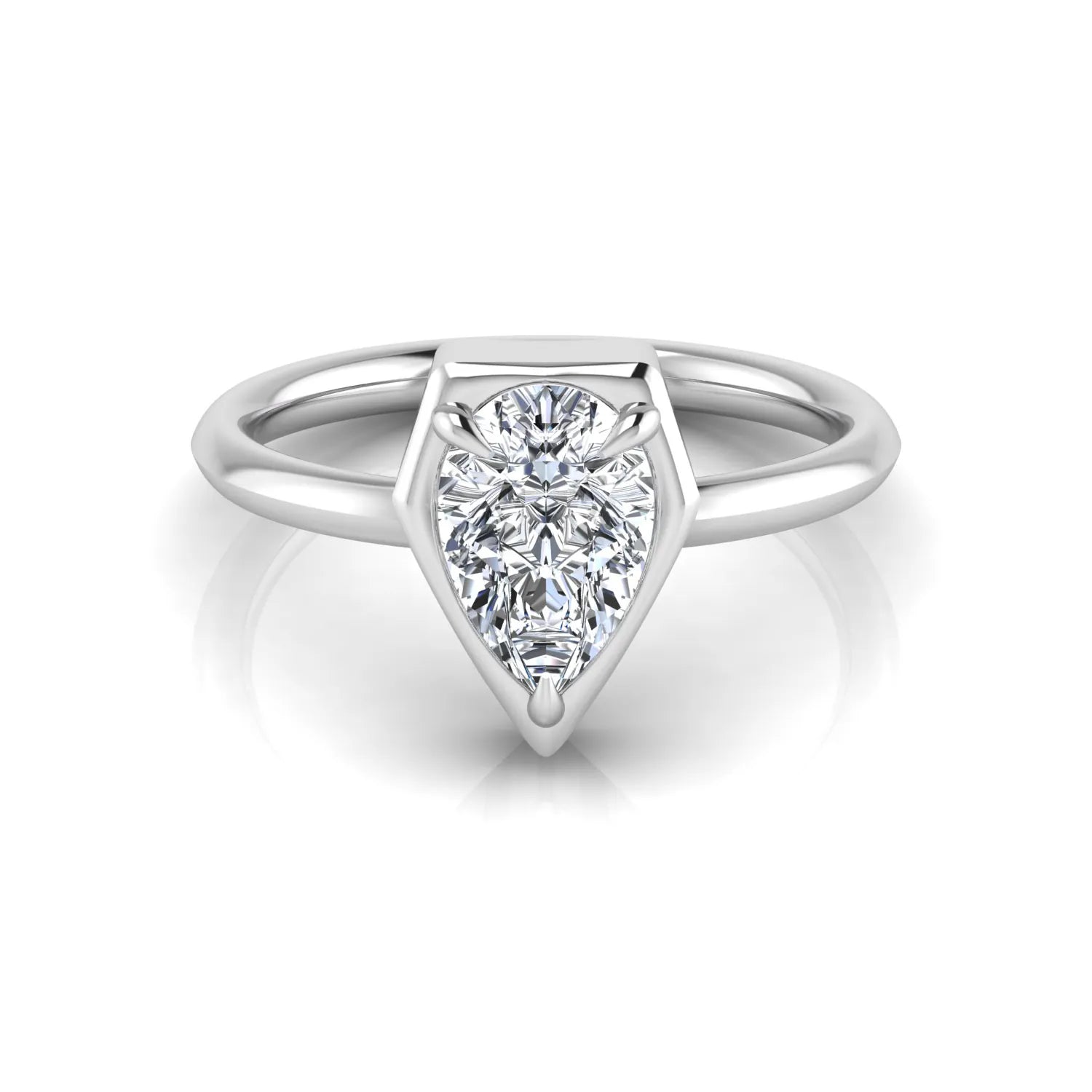 Pear cut lab grown diamond solitaire engagement ring featuring a 1.75 carat pear diamond in a modern partial bezel prong setting in white gold