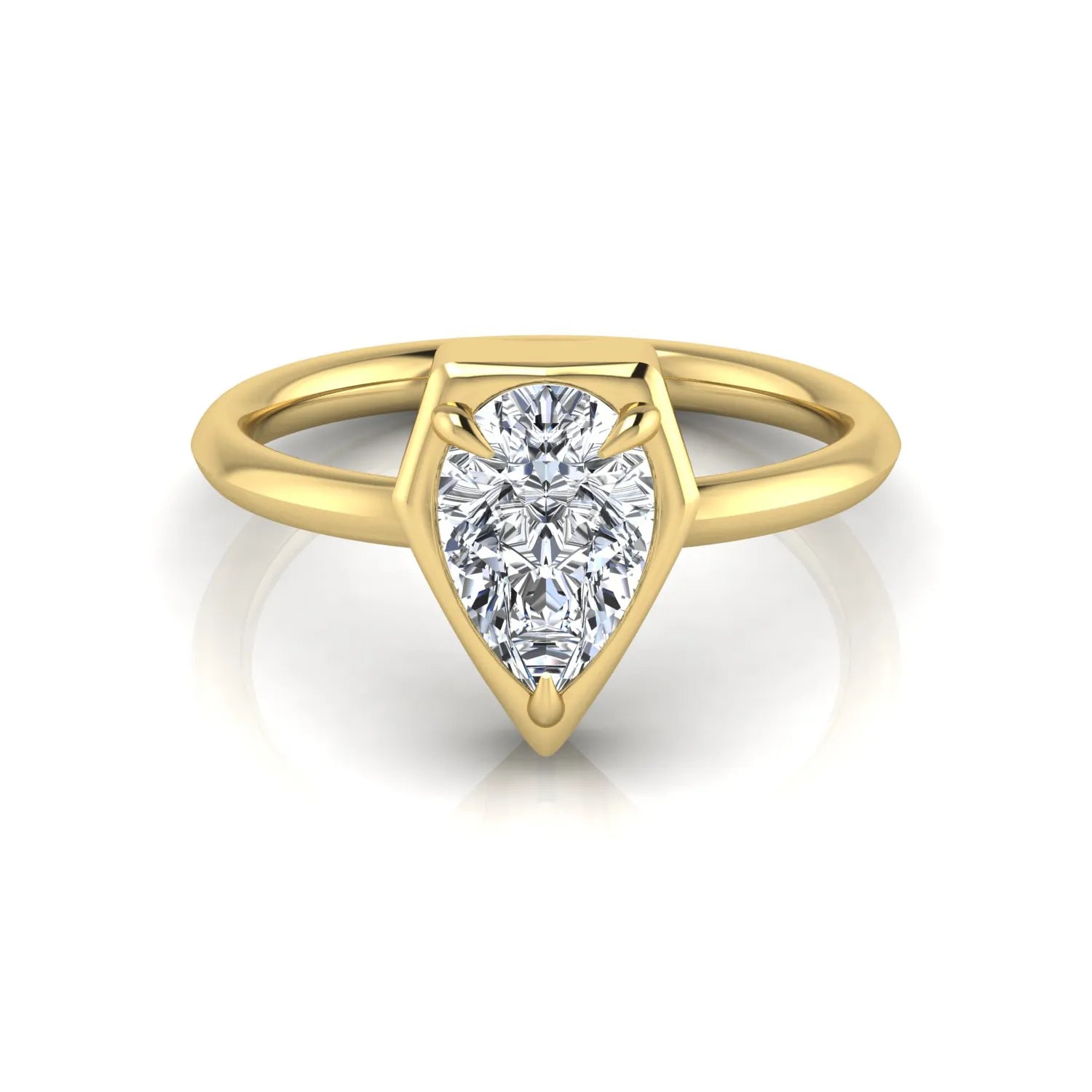Pear cut lab grown diamond solitaire engagement ring featuring a 1.75 carat pear diamond in a modern partial bezel prong setting in yellow gold