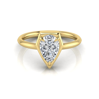 Pear cut lab grown diamond solitaire engagement ring featuring a 1.75 carat pear diamond in a modern partial bezel prong setting in yellow gold