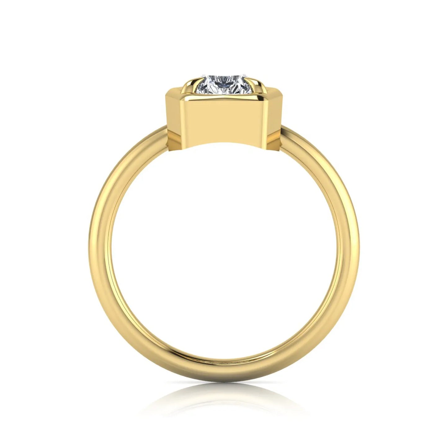 Pear cut lab grown diamond solitaire engagement ring featuring a 1.75 carat pear diamond in a modern partial bezel prong setting in yellow gold