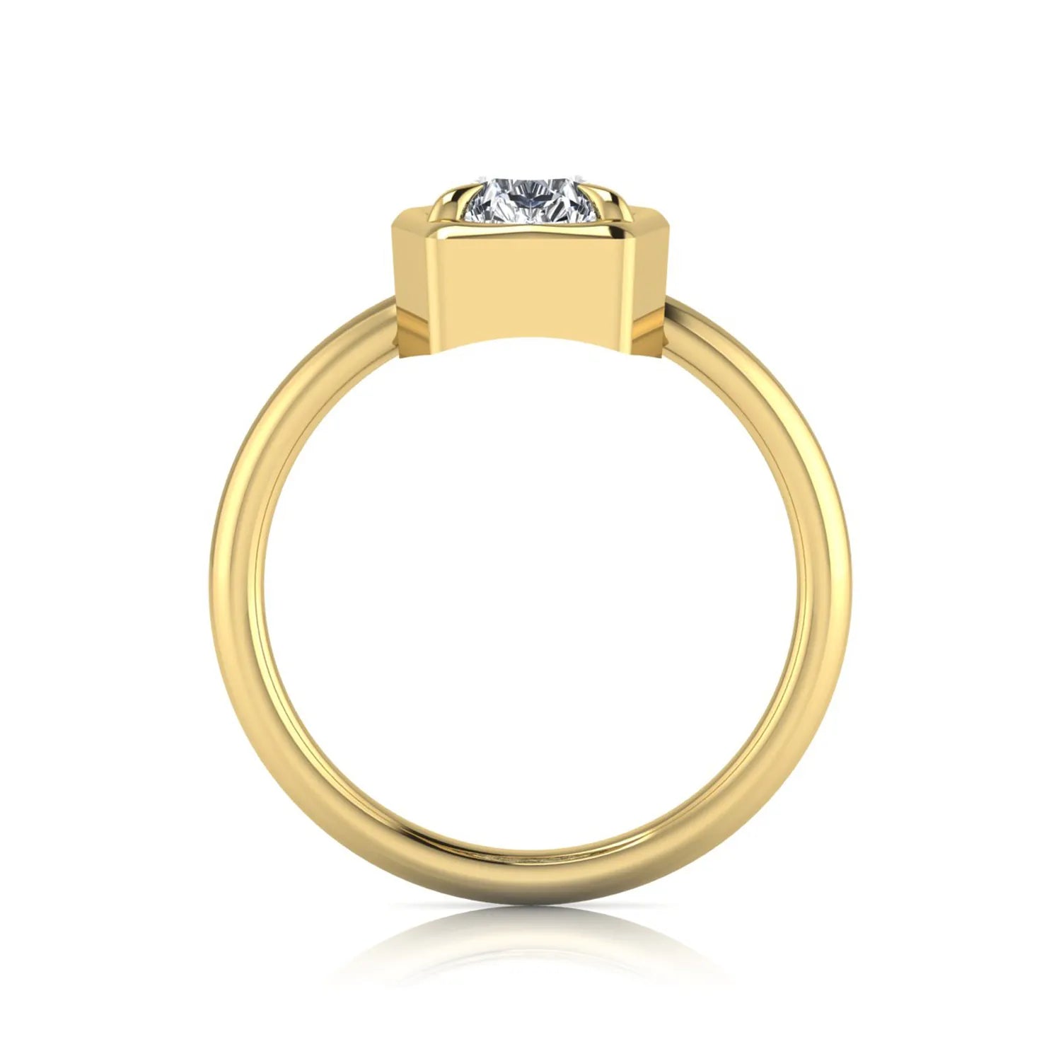 Pear cut lab grown diamond solitaire engagement ring featuring a 1.75 carat pear diamond in a modern partial bezel prong setting in yellow gold