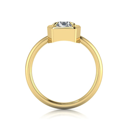 Pear cut lab grown diamond solitaire engagement ring featuring a 1.75 carat pear diamond in a modern partial bezel prong setting in yellow gold
