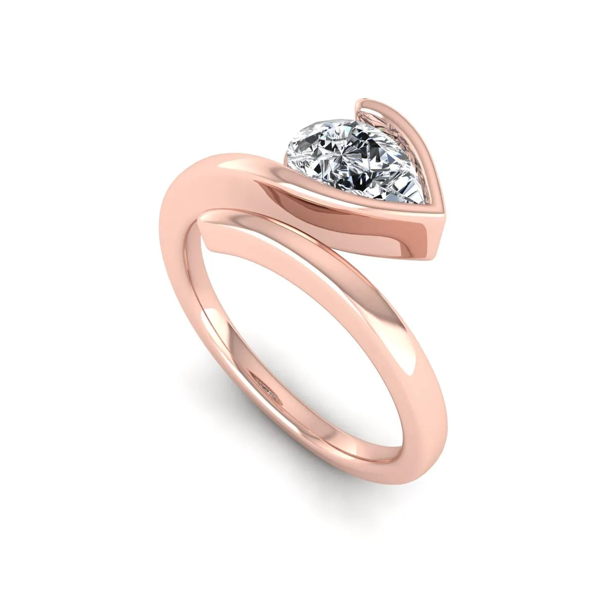 Pear cut lab grown diamond bypass engagement ring featuring a 1.00 carat IGI certified diamond in a modern partial bezel setting with a rose gold design.