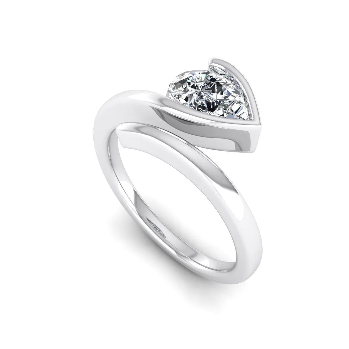 Pear cut lab grown diamond bypass engagement ring featuring a 1.00 carat IGI certified diamond in a modern partial bezel setting with a white gold design.