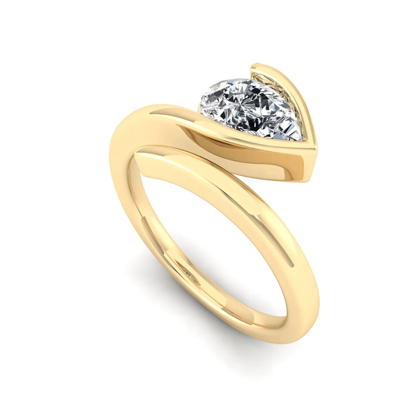 Pear cut lab grown diamond bypass engagement ring featuring a 1.00 carat IGI certified diamond in a modern partial bezel setting with a yellow gold design.