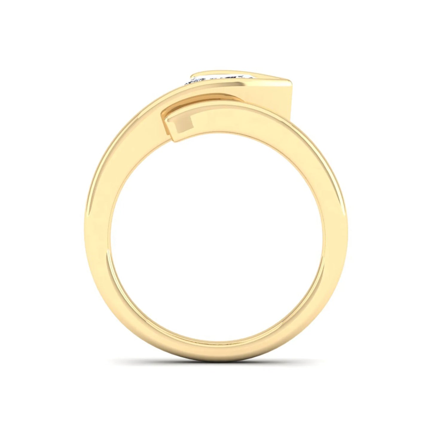 Pear cut lab grown diamond bypass engagement ring featuring a 1.00 carat IGI certified diamond in a modern partial bezel setting with a yellow gold design.