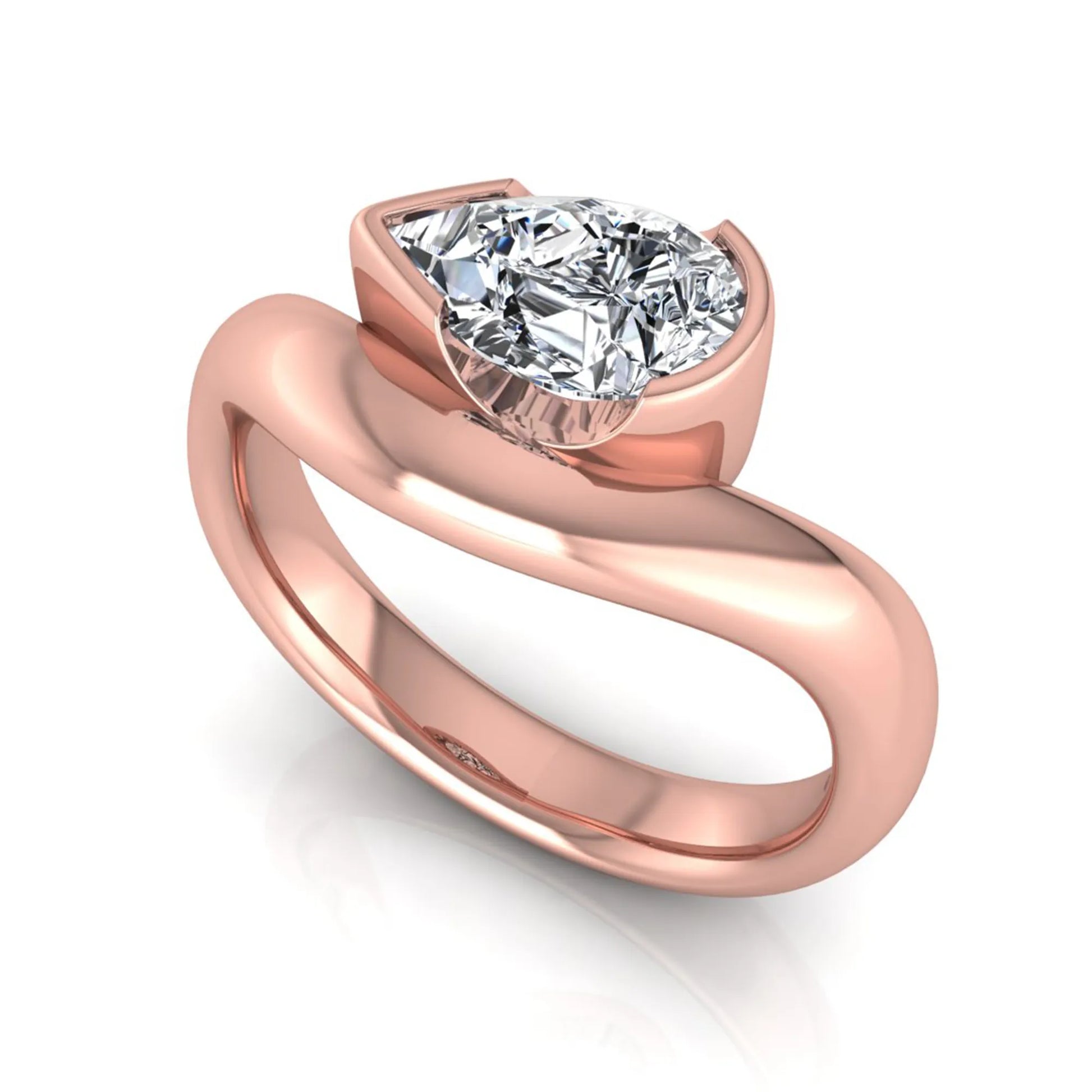 Pear cut lab grown diamond bezel set solitaire engagement ring in rose gold tone