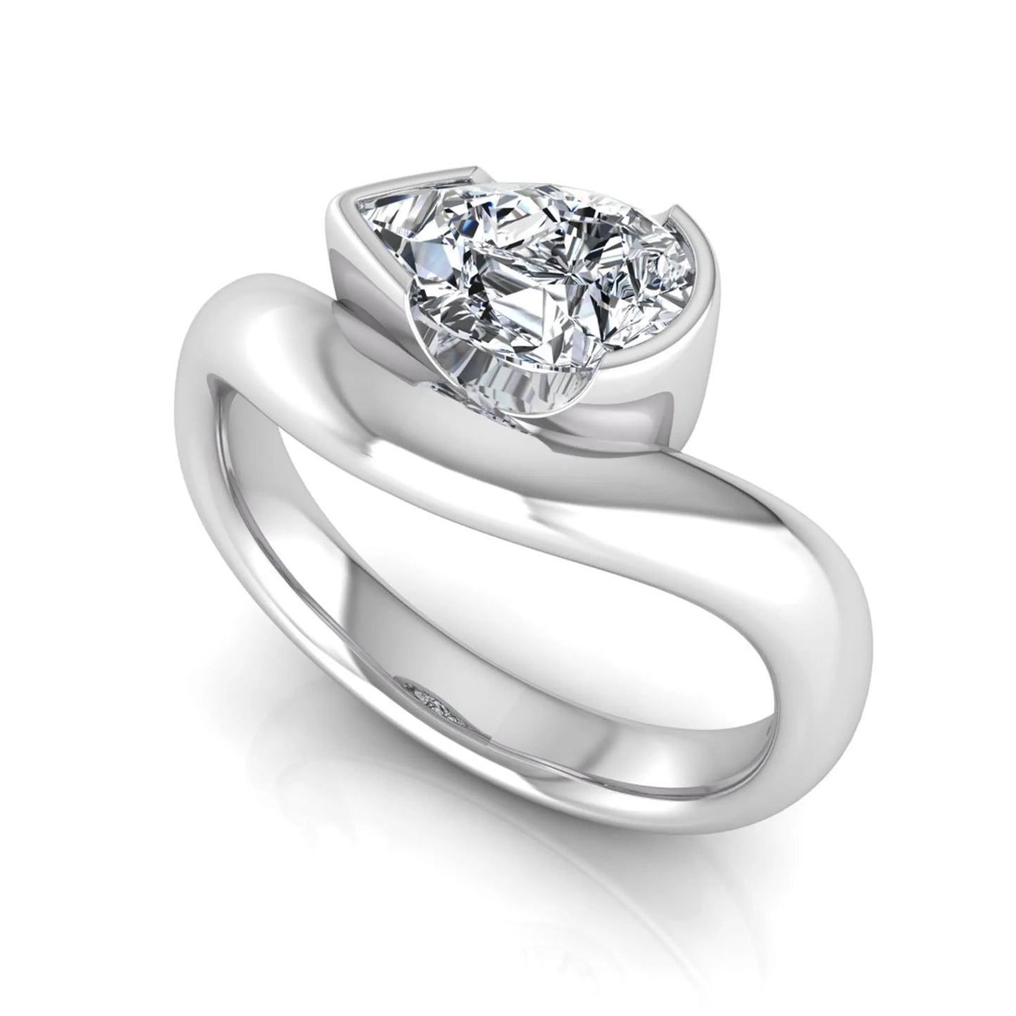 Pear cut lab grown diamond bezel set solitaire engagement ring in white gold tone