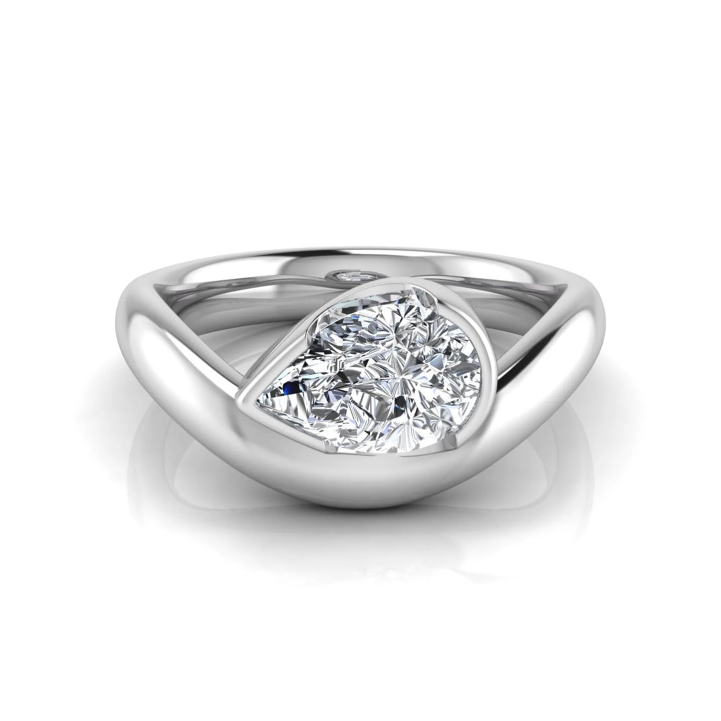 Pear cut lab grown diamond bezel set solitaire engagement ring in white gold tone