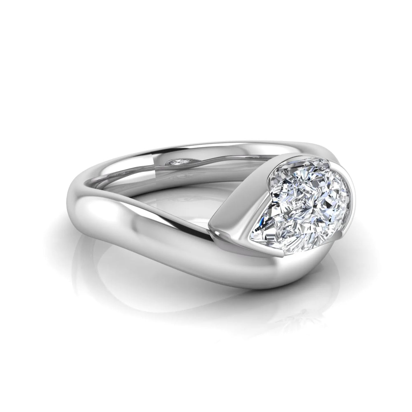 Pear cut lab grown diamond bezel set solitaire engagement ring in white gold tone