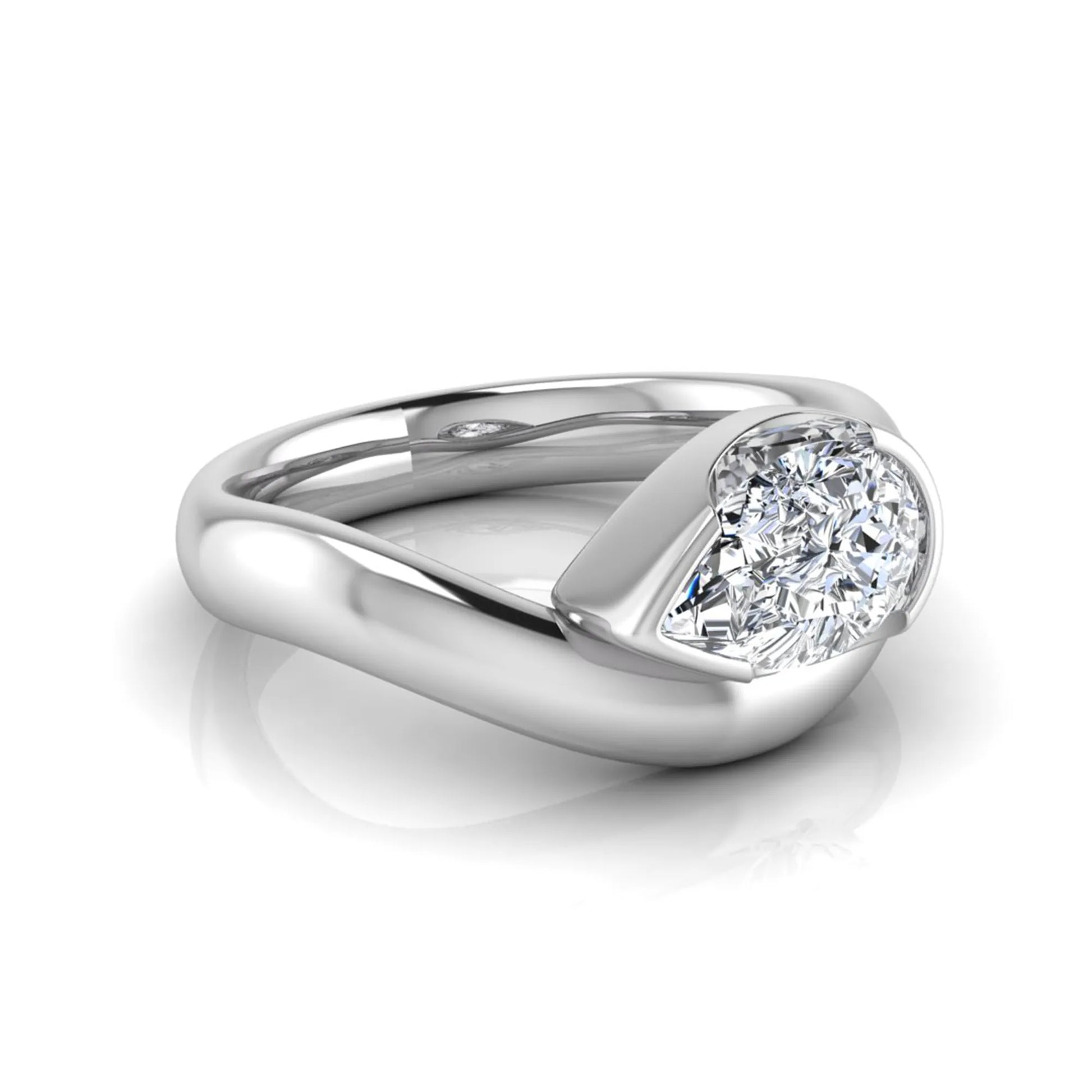 Pear cut lab grown diamond bezel set solitaire engagement ring in white gold tone