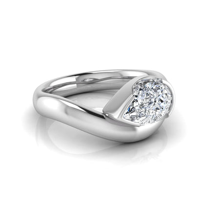 Pear cut lab grown diamond bezel set solitaire engagement ring in white gold tone