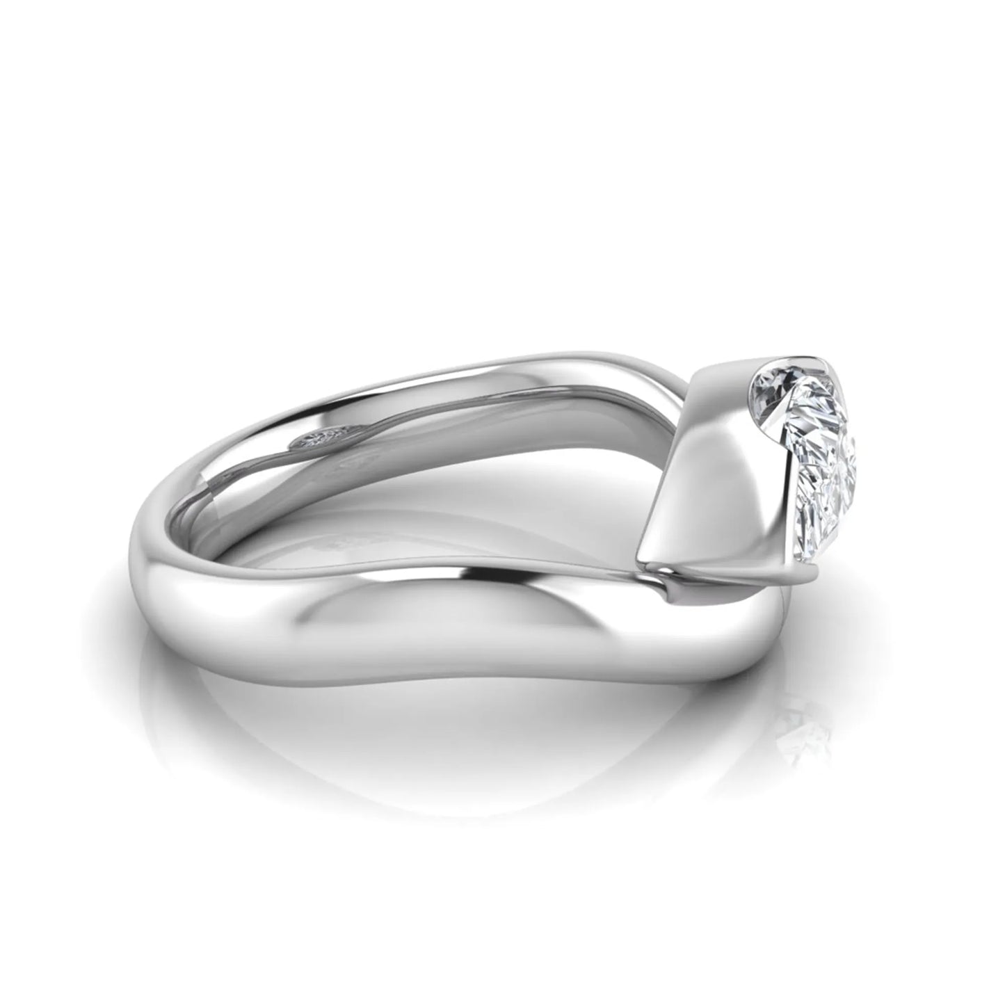 Pear cut lab grown diamond bezel set solitaire engagement ring in white gold tone