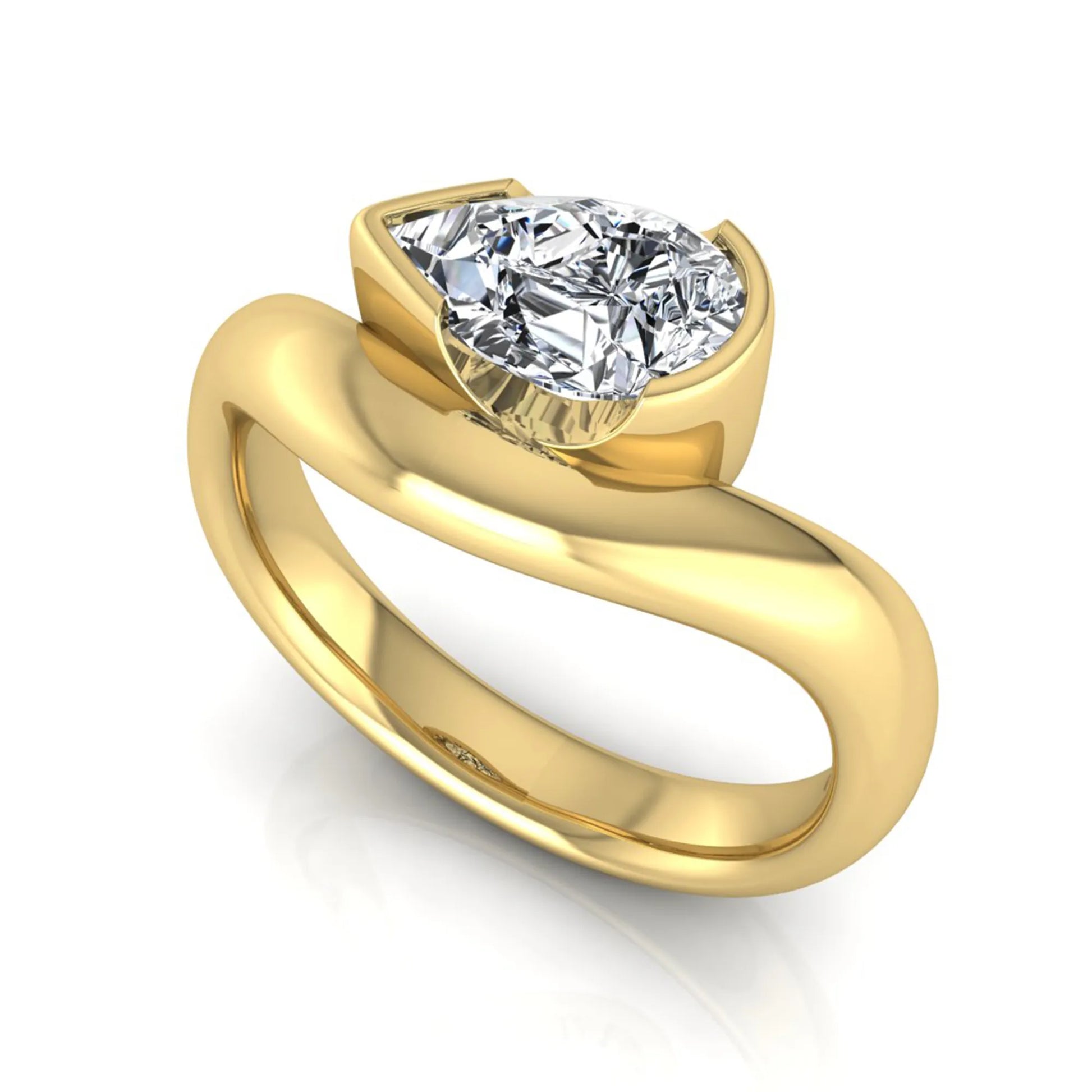 Pear cut lab grown diamond bezel set solitaire engagement ring in yellow gold tone