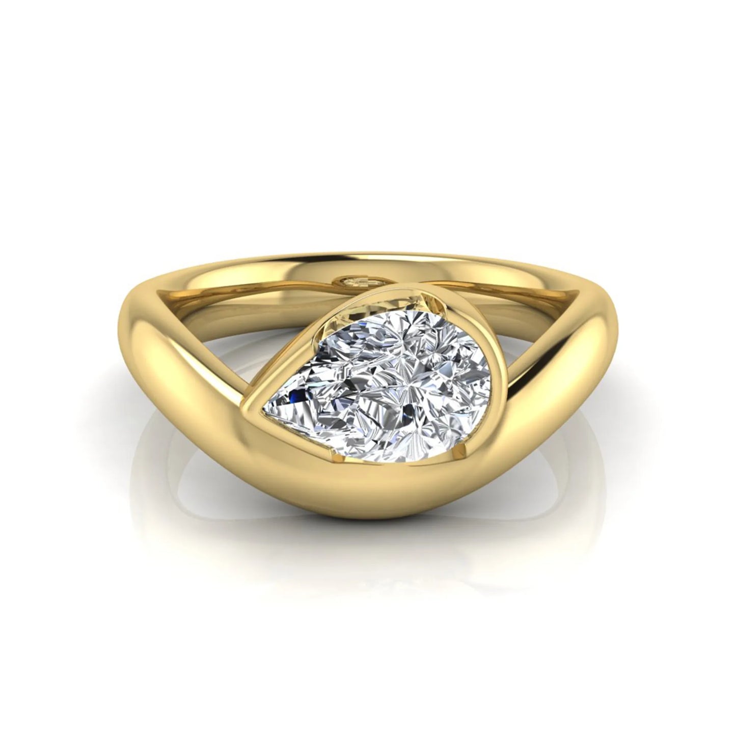 Pear cut lab grown diamond bezel set solitaire engagement ring in yellow gold tone