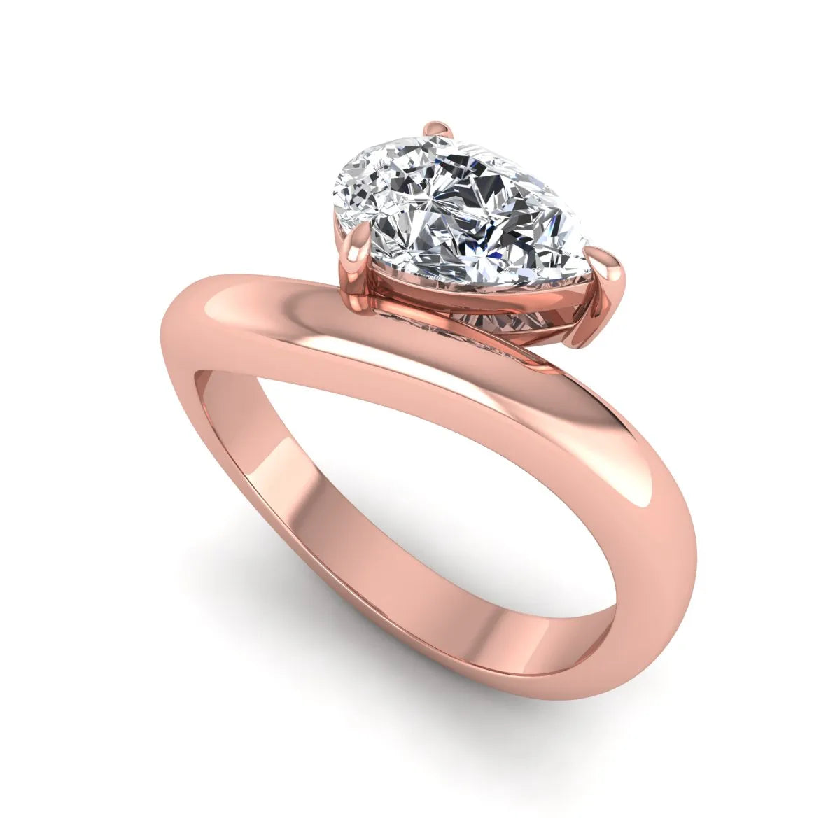 Pear cut lab grown diamond curved solitaire engagement ring with a four-prong setting in rose gold